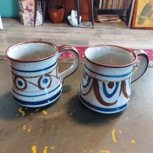 Vintage Hand Painted Speckled Stoneware Mugs Set of 2 Blue Brown Abstract Boho